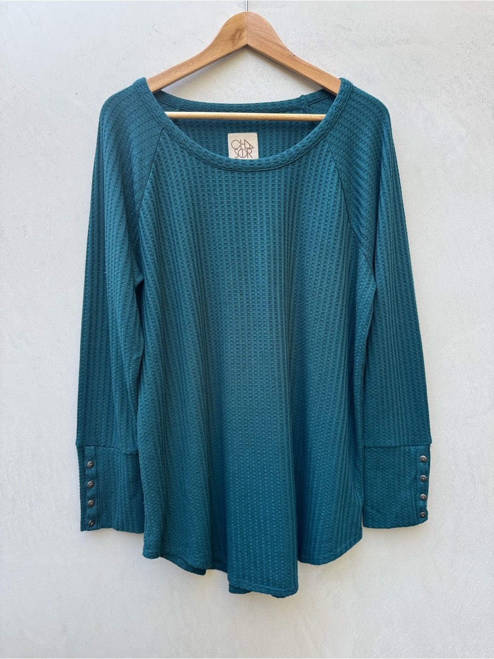 Chaser Waffle Knit Thermal Top Teal Long Sleeve Crew Neck XXL 2X Stretch